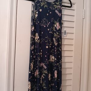 Old Navy Navy Floral Midi Dress with Green Leaf Print